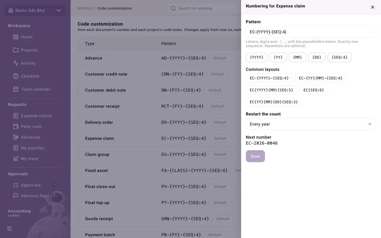 Editing the numbering for one document type, with placeholders and a preview