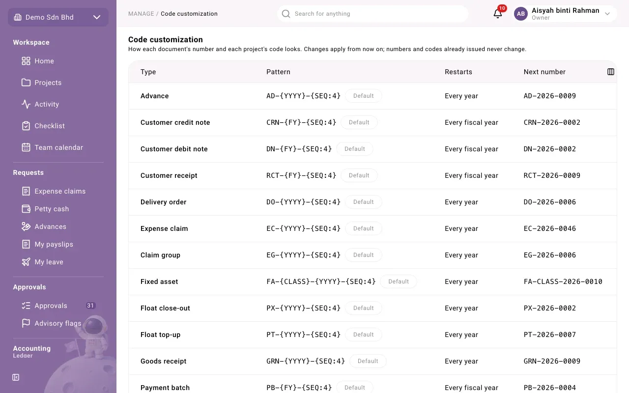 Code customization: each document type with its pattern and next number