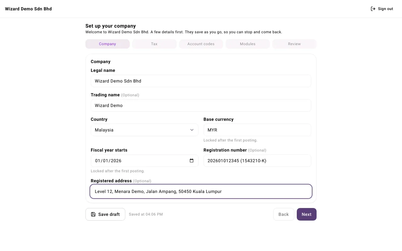 The Company step filled in, with “Saved at 04 PM” beside Save draft