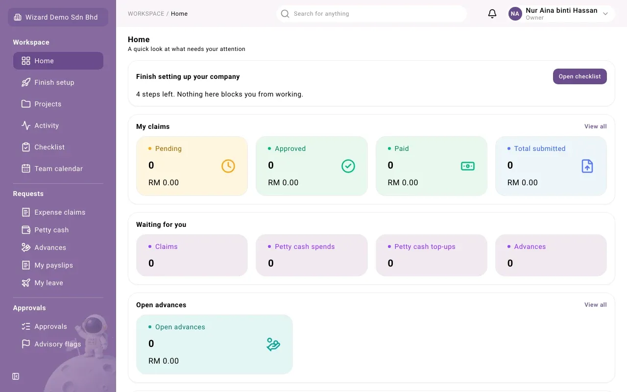 Home with the Finish setting up your company card and its Open checklist button