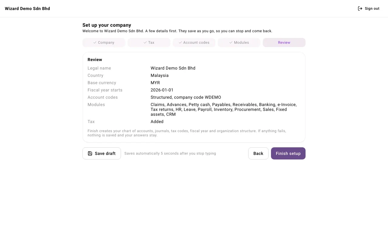 The Review step listing the answers, with the Finish setup button