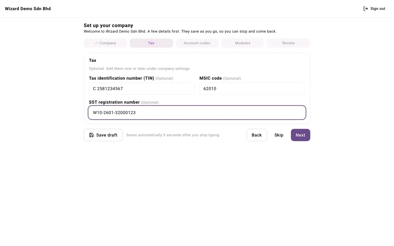 The Tax step with a TIN, an MSIC code and an SST registration number filled in