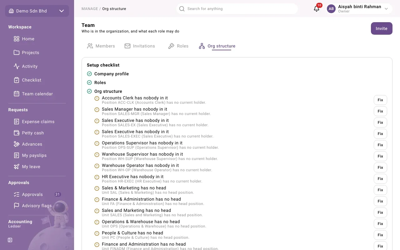 The top of the Org structure page: the setup checklist, with warnings and Fix buttons