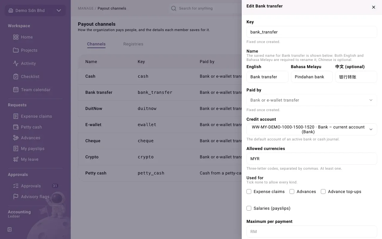 Editing a payout channel