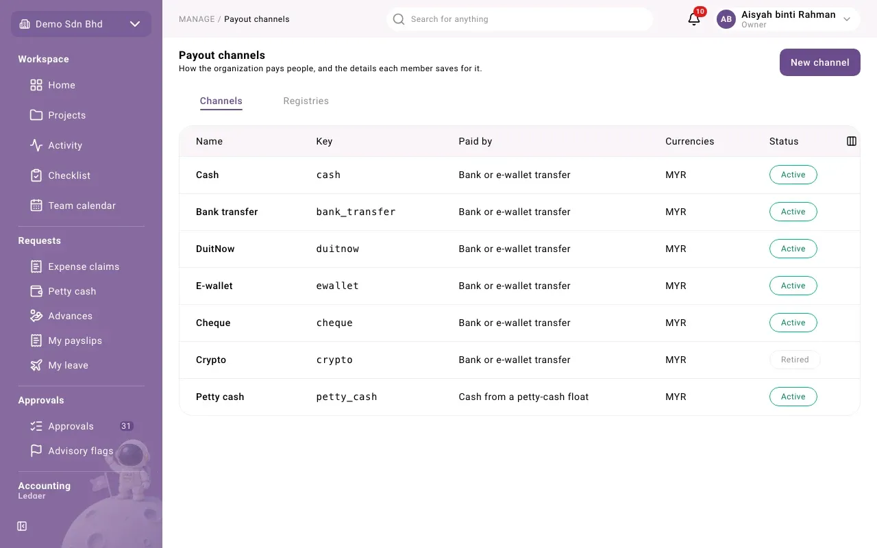 Payout channels: each channel with how it pays, its currencies and status
