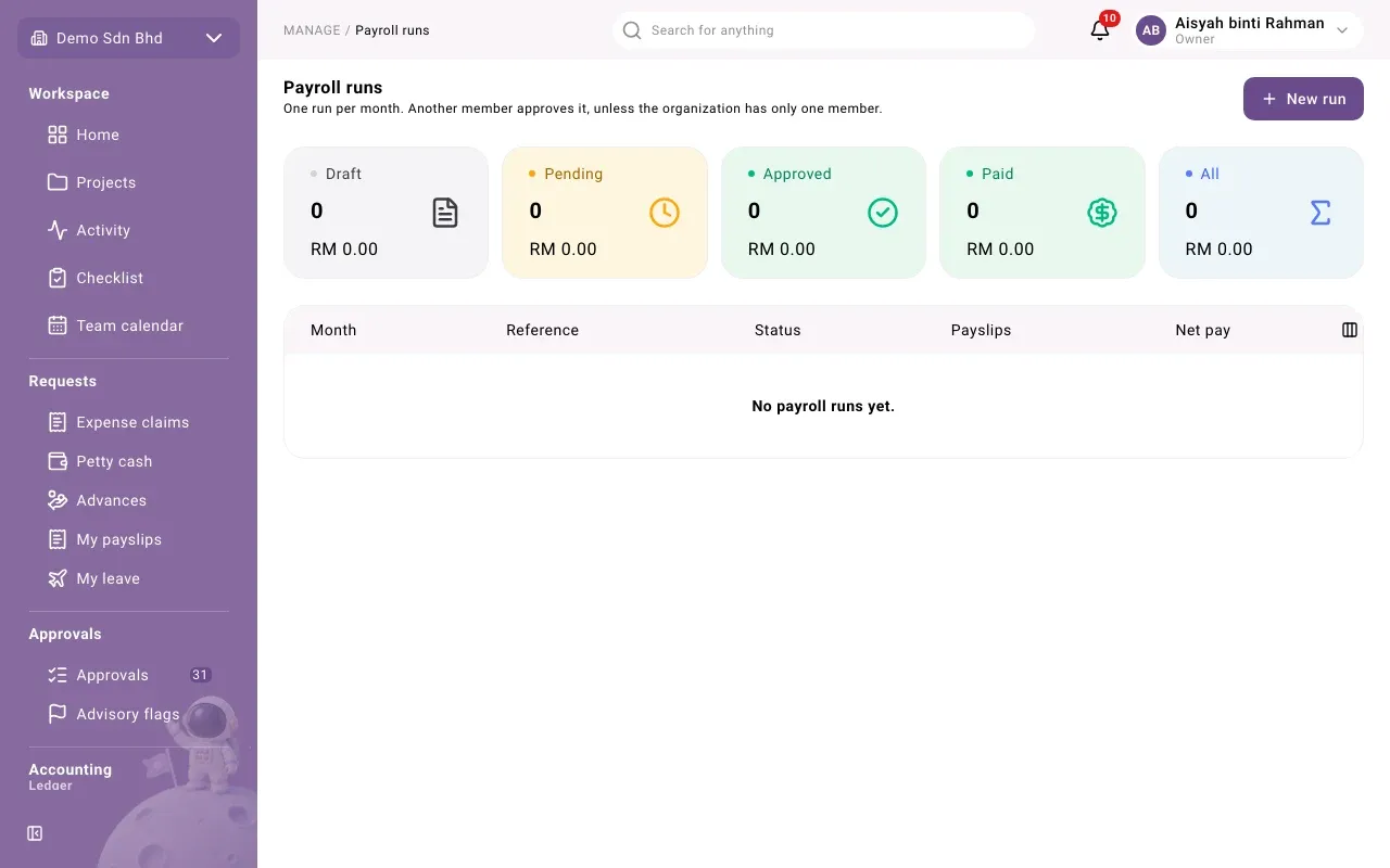 Payroll runs: the summary cards and the list, here still empty