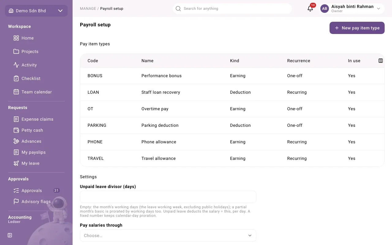 Payroll setup: pay item types and settings