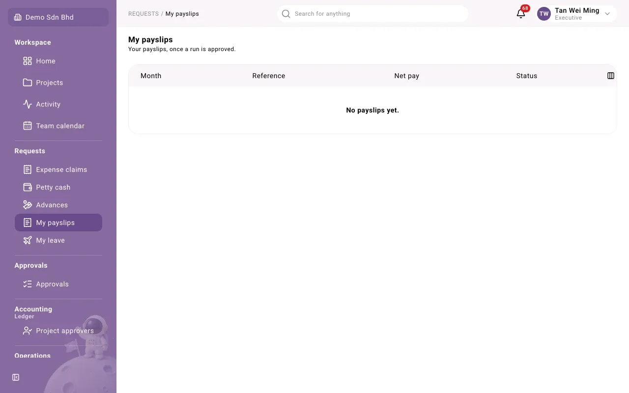 My payslips: your payslips by month, with net pay and status
