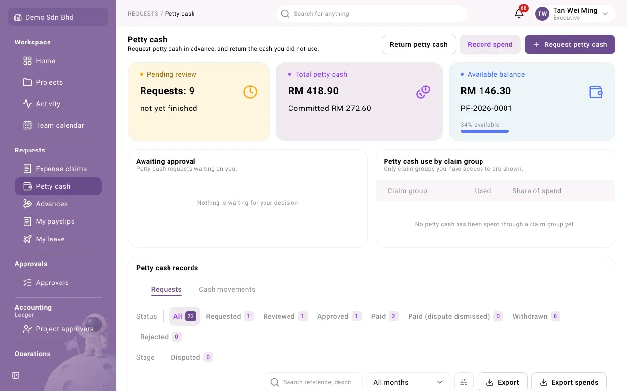 The Petty cash page: float summary, what is waiting for you and your records