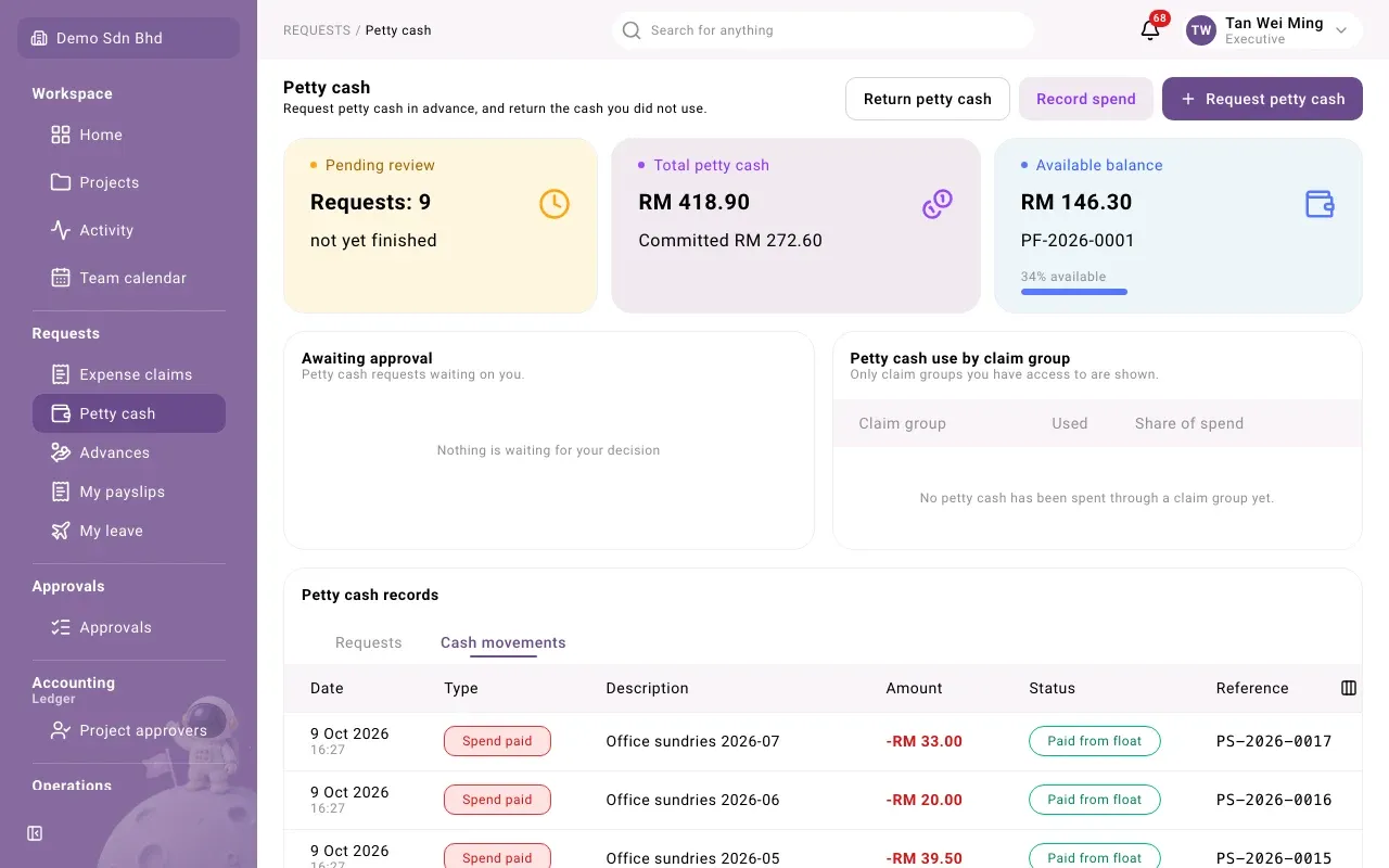 Cash movements: each payout from the float with its amount and reference