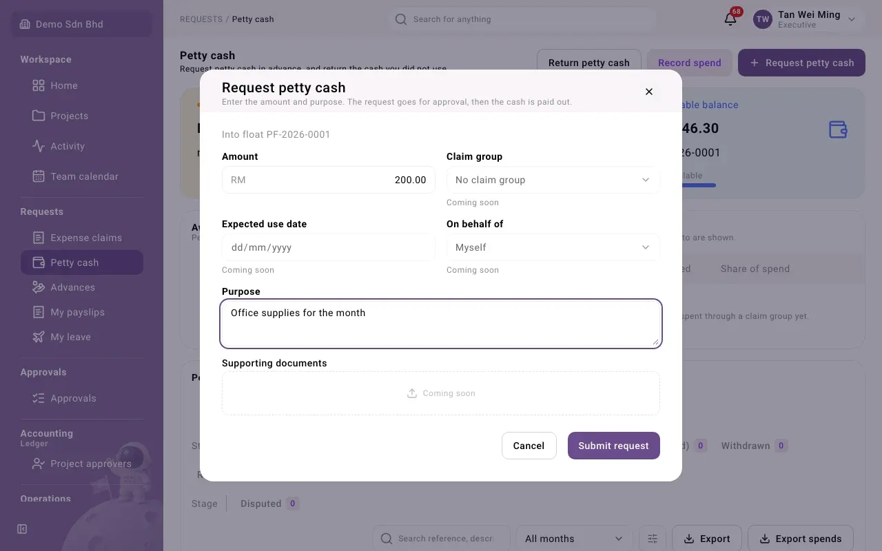 The Request petty cash form
