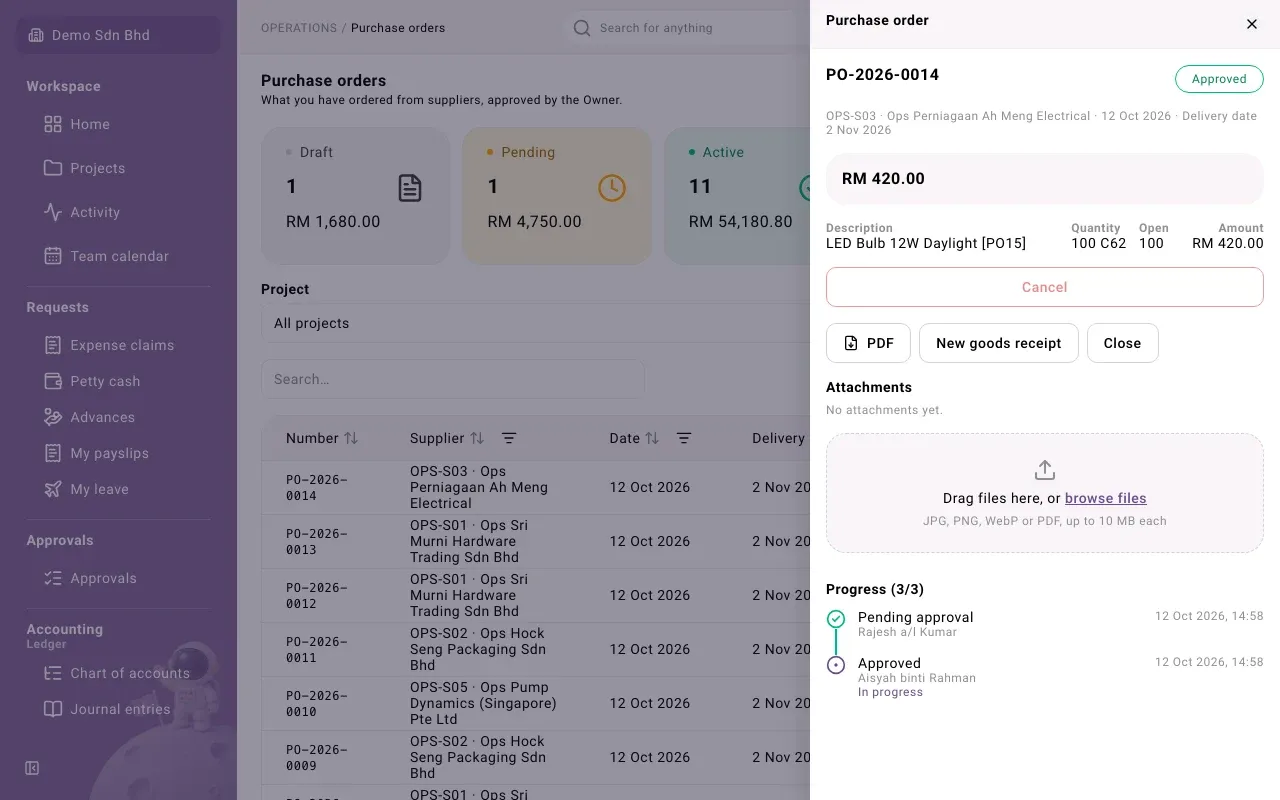 An approved purchase order in the side panel