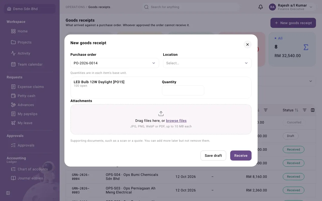 The New goods receipt form, with the order’s open lines