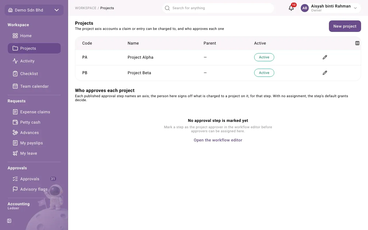 The Projects page: the project list, with approvers below