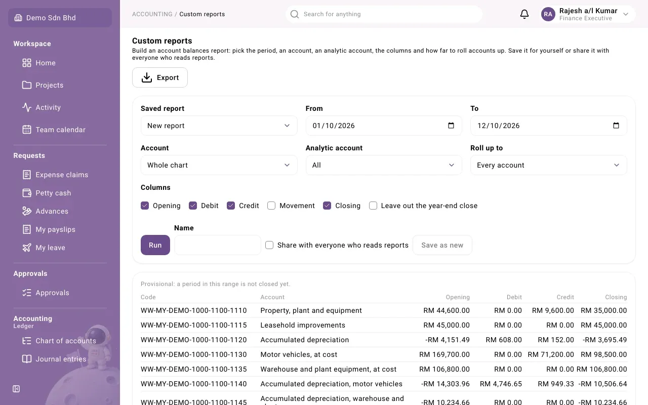 Custom reports: the builder and a report after Run