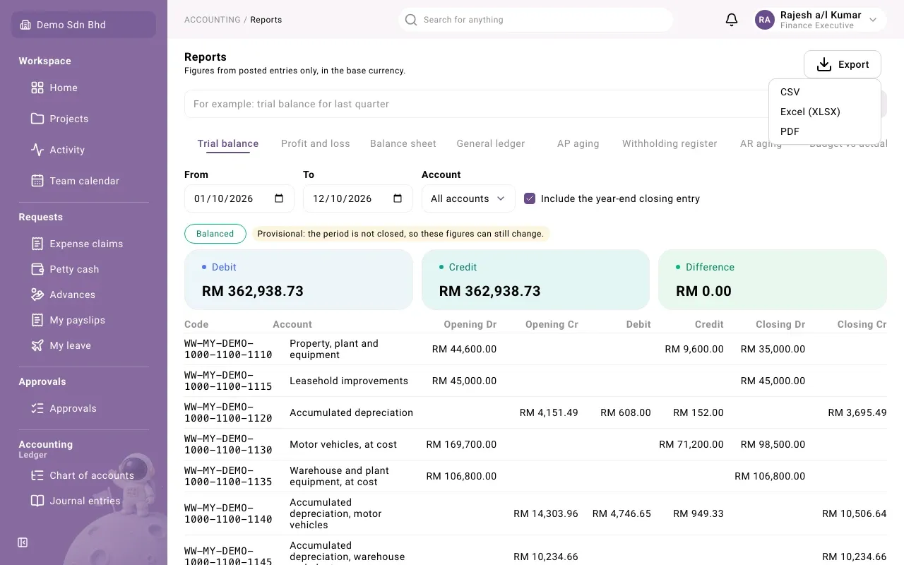 The Export menu: CSV, Excel (XLSX) and PDF