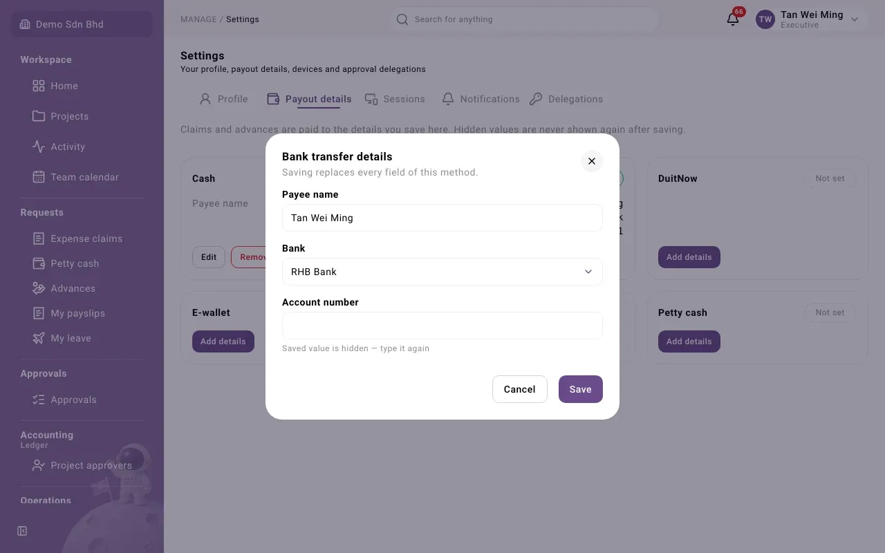 Editing Bank transfer details: the saved account number is hidden and must be typed again