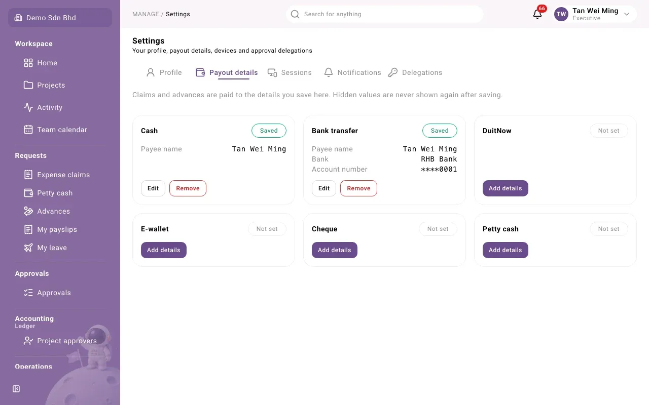 The Payout details tab: one card per payout method