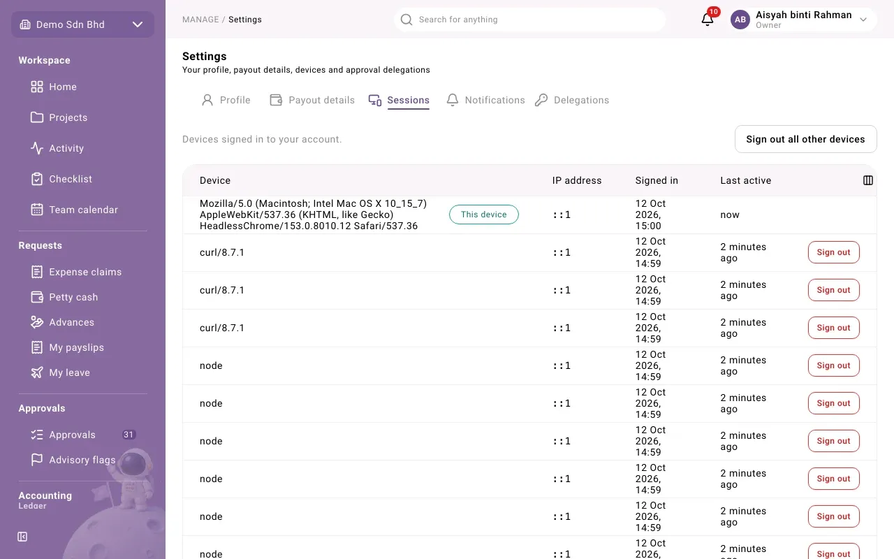 The Sessions tab: the devices signed in to your account