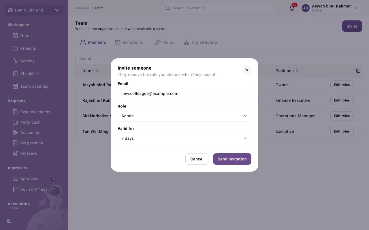 The Invite someone dialog