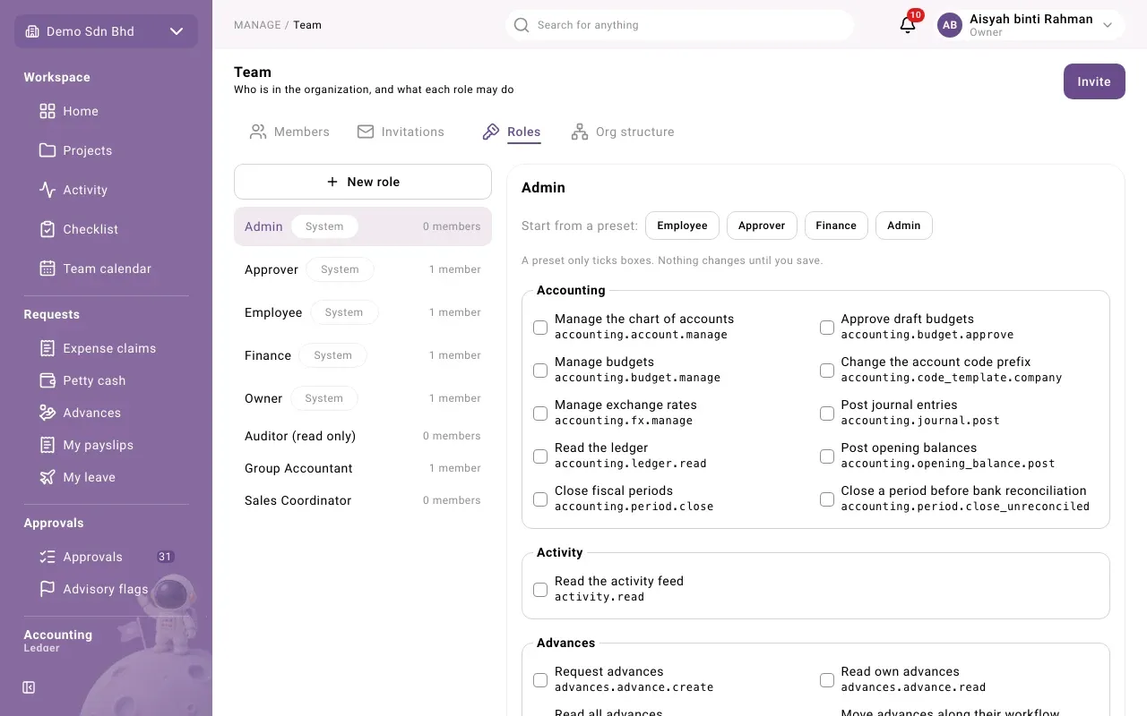 The Roles tab: the list of roles on the left, the selected role’s permissions on the right