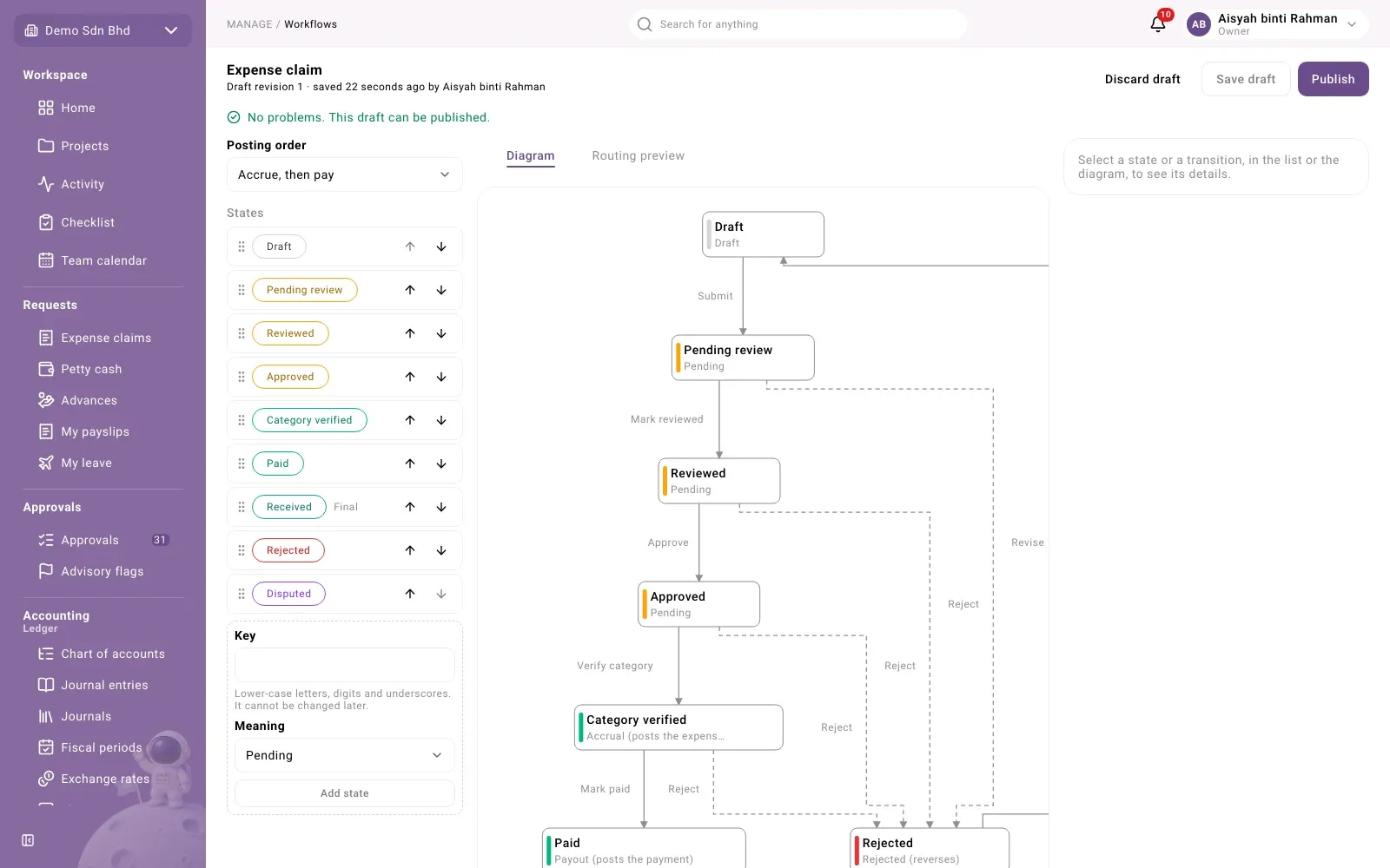 A draft being edited, with its revision and the Publish button
